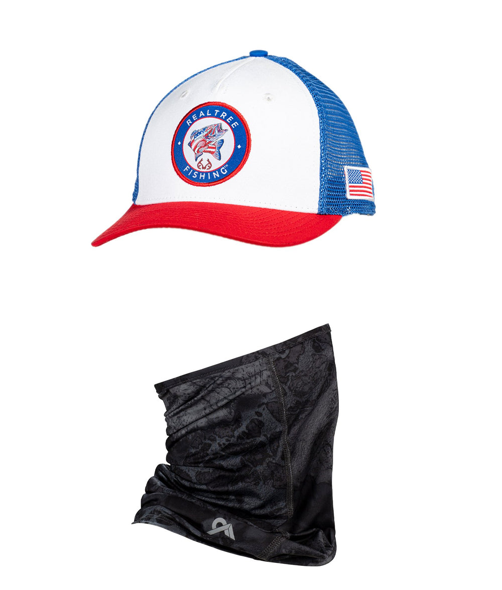 Realtree AmeriBass II Trucker Hat and Black Neck Gaiter Bundle