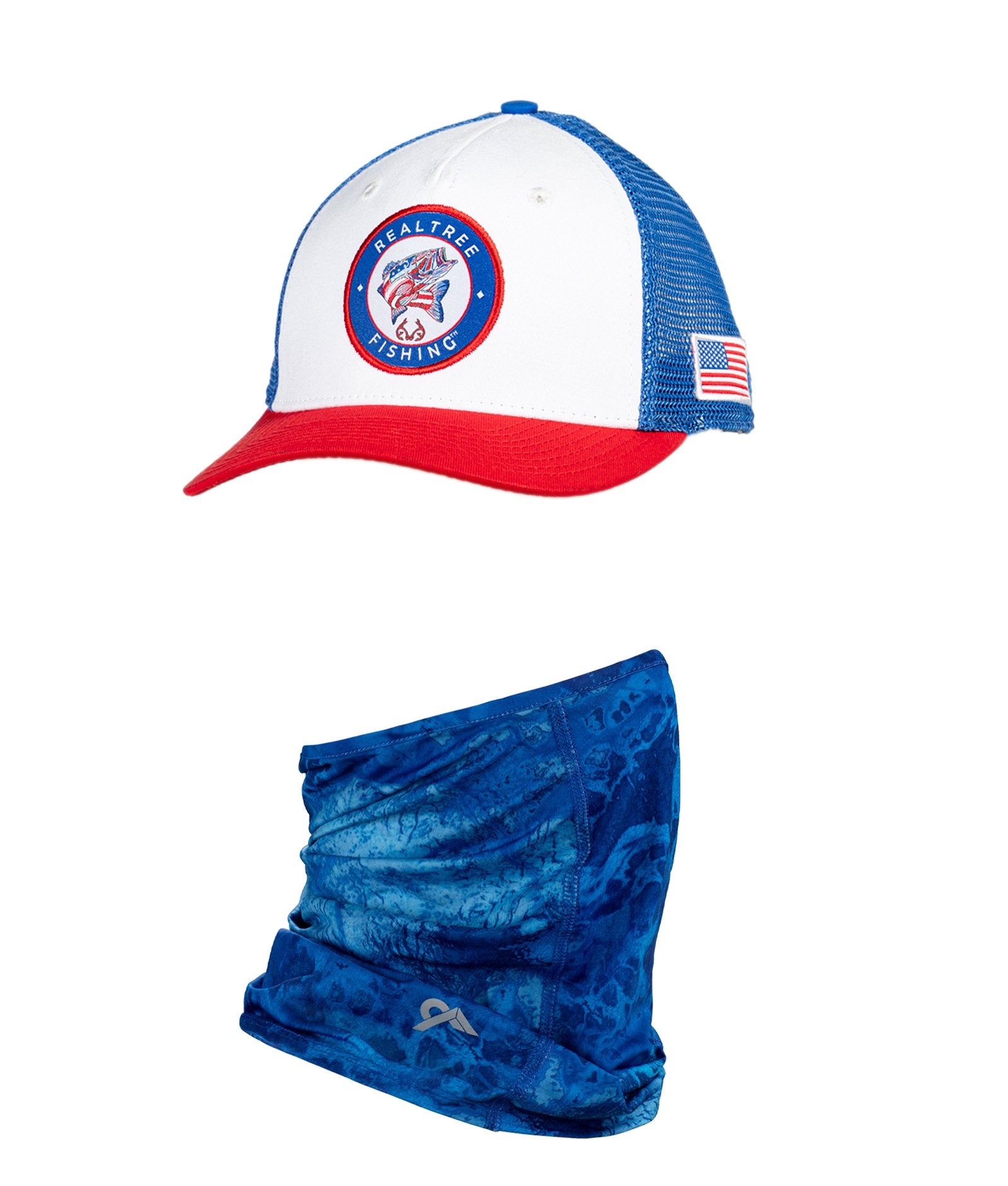 Realtree AmeriBass II Trucker Hat and Standard Blue Neck Gaiter Bundle