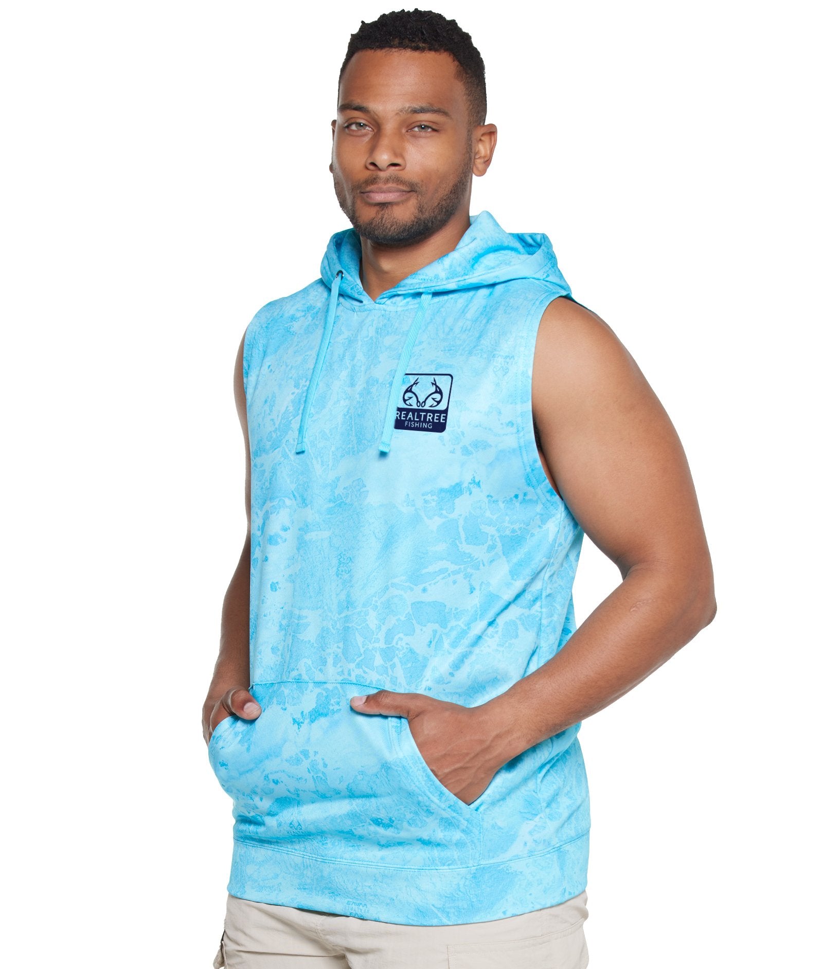 Men's Realtree Fishing Wav3 Light Blue Essential Performance Fleece Sleeveless Hoodie